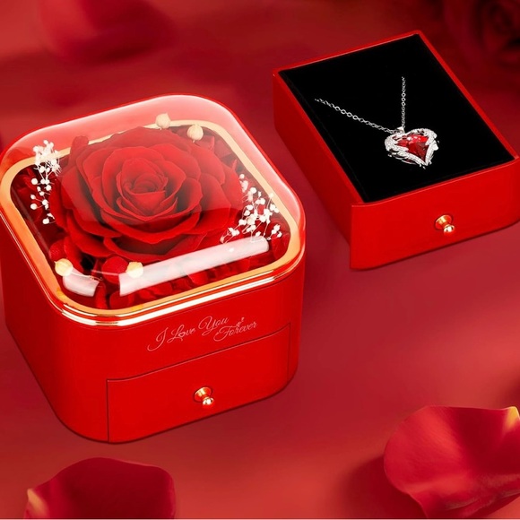 New Red Rose with Heart Necklace, Forever Flowers Gifts for Mom - Picture 2 of 2